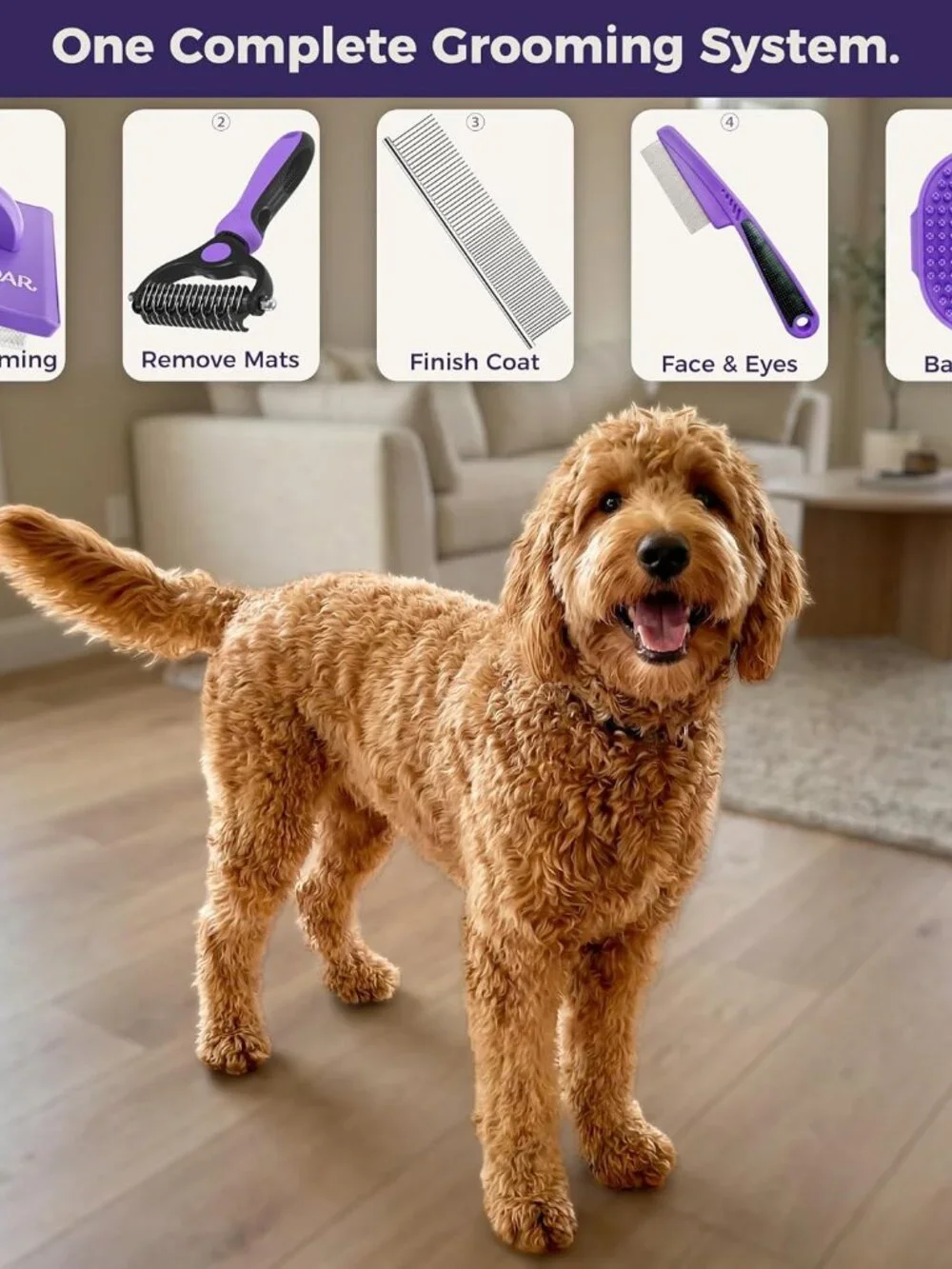 5PCS Dog Grooming Kit with Long Pin Slicker Brush for Dogs, Violet - D
